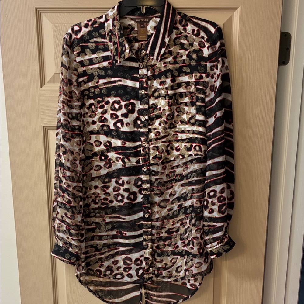 Multiples Black, White & Burgundy Mixed Animal-Stripe Button Shirt